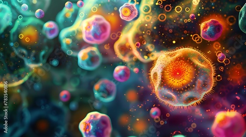 An illustration digital, showcasing a contrast dynamic between cells healthy, illustrated in colors luminous, radiant, all within X-ray.