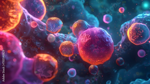 An illustration digital, showcasing a contrast dynamic between cells healthy, illustrated in colors luminous, radiant, all within X-ray. © horizon