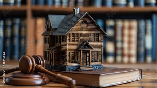 Legal background of courts related to real estate or home auctions. Model houses, batons, and law books. photo