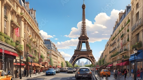 A detailed digital illustration of the Eiffel Tower amidst a bustling city, featuring intricate architectural elements and vibrant street life. The scene should convey the energy and dynamism of Paris photo