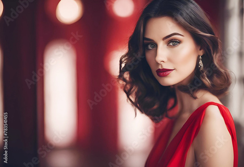 Stunning woman in red dress exudes elegance and glamour against a dark backdrop, showcasing her beauty, style, and confidence