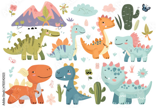 A vector clipart of cute cartoon dinosaurs in various poses, pastel colors, and simple shapes on a white background. Detailed elements include cacti, butterflies, flowers, leaves, a volcano, clouds