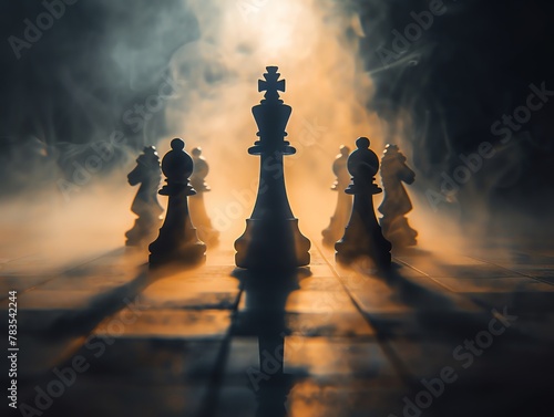 A dramatic portrayal of a chess game with pieces carved like business magnates, highlighting strategic competition