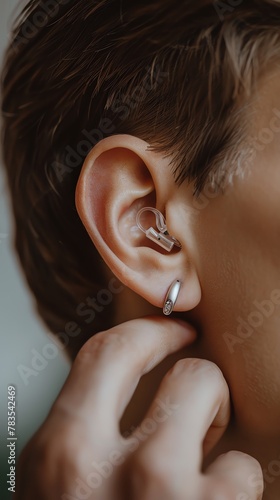 Treatment of an ear, hearing aid fitting by a doctor, close-up, isolated against a pure solid beige background