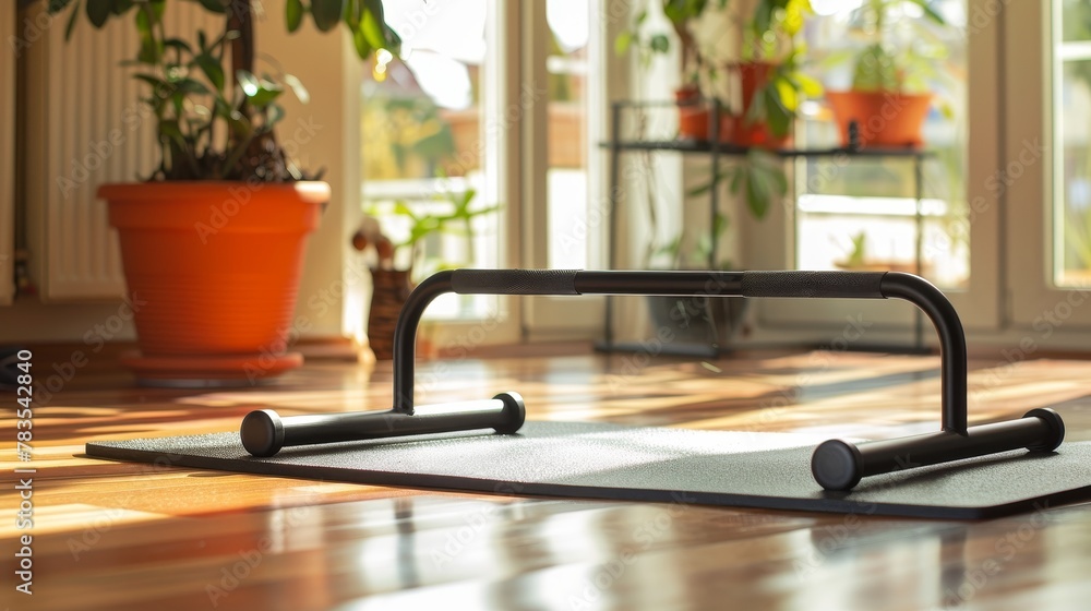 Focused capture of a push-up bar, a cornerstone of personal fitness regimes in a home setting - obrazy, fototapety, plakaty 