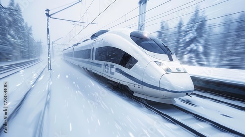 A vision of speed and winter calm as a contemporary train races through a snowy corridor