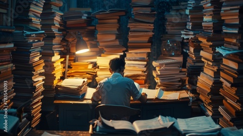 A lone figure sits at a desk surrounded by stacks of papers and open books. The dim light of the lamp casts a soft glow over the persons face as they diligently work through translations . photo