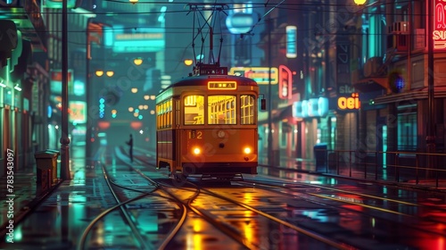 A solitary tram pauses, the city's nocturnal pulse blurred behind its glowing windows
