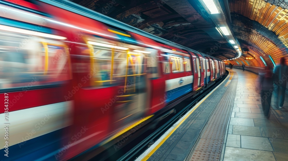A bustling subway train speeds through the underground, blurring the lines of urban travel A bustling subway train speeds through the underground, blurring the lines of urban travel