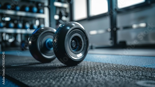 A close look at the contours and grips of an AB roller wheel in a personal gym space photo