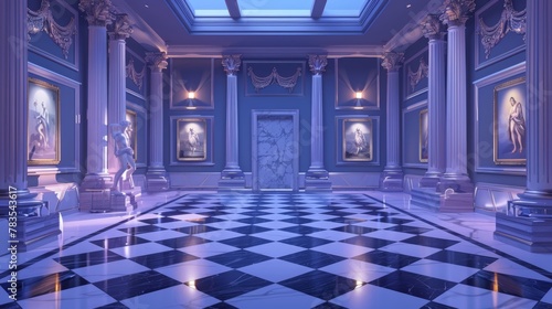 Empty museum room with white marble twisted columns illuminated by spotlights. Modern realistic empty gallery room with blank paintings frames.