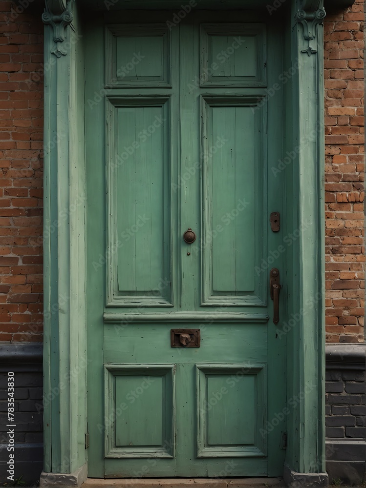 mint green wooden door on old victorian house background from Generative AI
