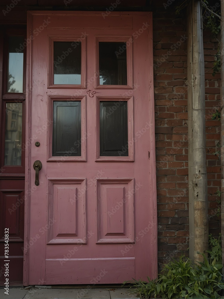 pink wooden door on old victorian house background from Generative AI