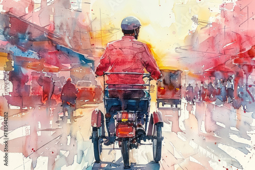 Pink watercolor painting of a person driving a traditional pedicab photo