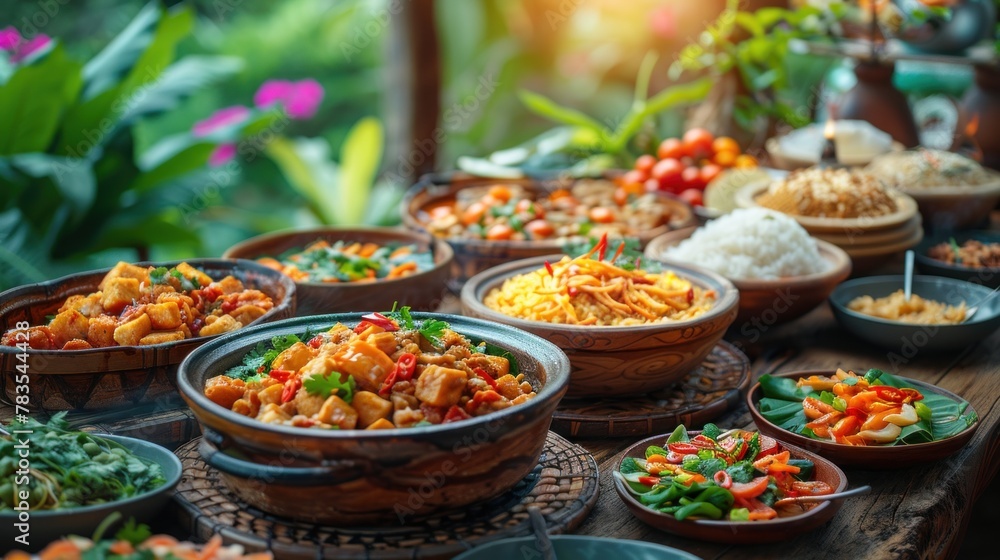 A close-up of a diverse group of travelers enjoying a traditional Laotian meal together, showcasing the delicious cuisine and cultural exchange, with room for text.