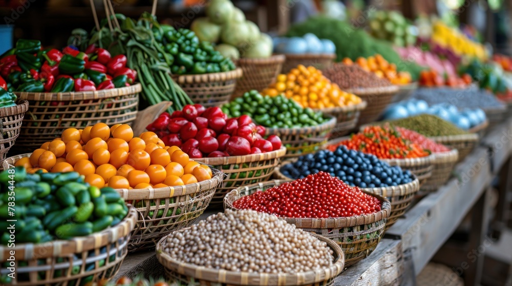 A close-up of a vibrant market stall in Luang Prabang, bustling with activity and offering a variety of colorful local produce, with copy space for text.