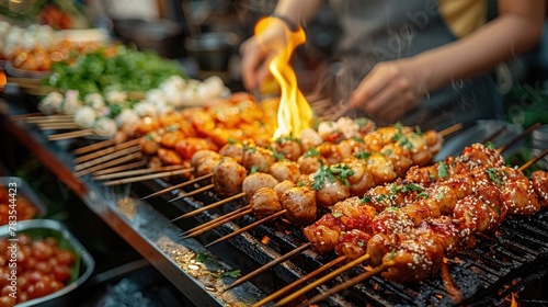 A close-up of a diverse group of friends savoring traditional Laotian street food at a bustling night market, with space for flavorful text descriptions. photo
