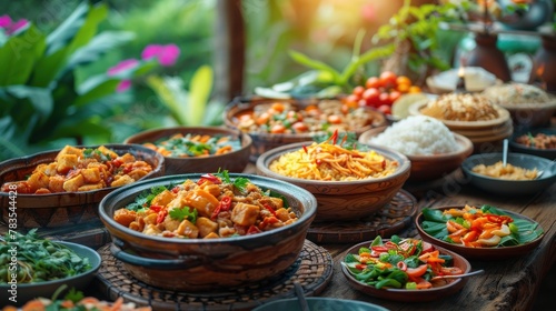A close-up of a diverse group of travelers enjoying a traditional Laotian meal together, showcasing the delicious cuisine and cultural exchange, with room for text.