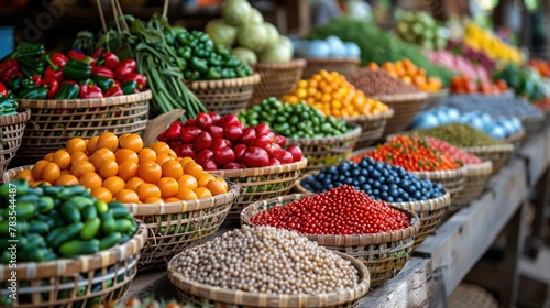 A close-up of a vibrant market stall in Luang Prabang, bustling with activity and offering a variety of colorful local produce, with copy space for text.