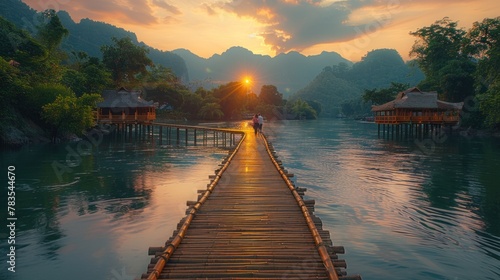 A tranquil scene of a bamboo bridge stretching across a serene river, with a diverse couple strolling hand in hand, leaving room for inspirational text. photo