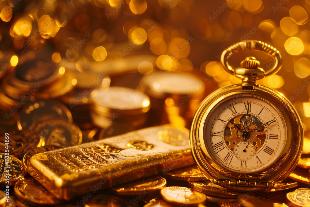 a pocket watch sitting on top of a pile of gold coins - obrazy, fototapety, plakaty 
