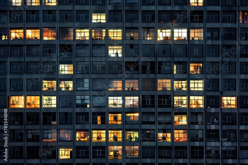 A high-rise building with rows of windows at night, each window lit up in the style of office workers working late into the evening. For Business, News, Labor Day