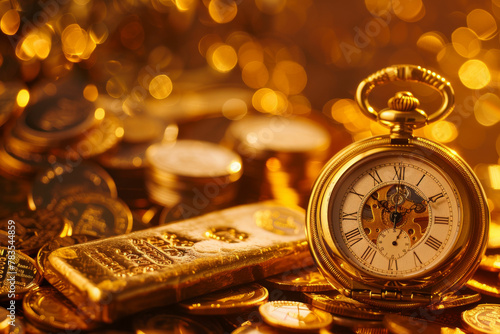 a pocket watch sitting on top of a pile of gold coins