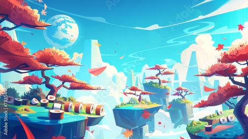 Poster with sushi planet in landscape with trees, rolls, ginger and salmon planet in sky. Modern banner with cartoon illustration for restaurant or arcade game.