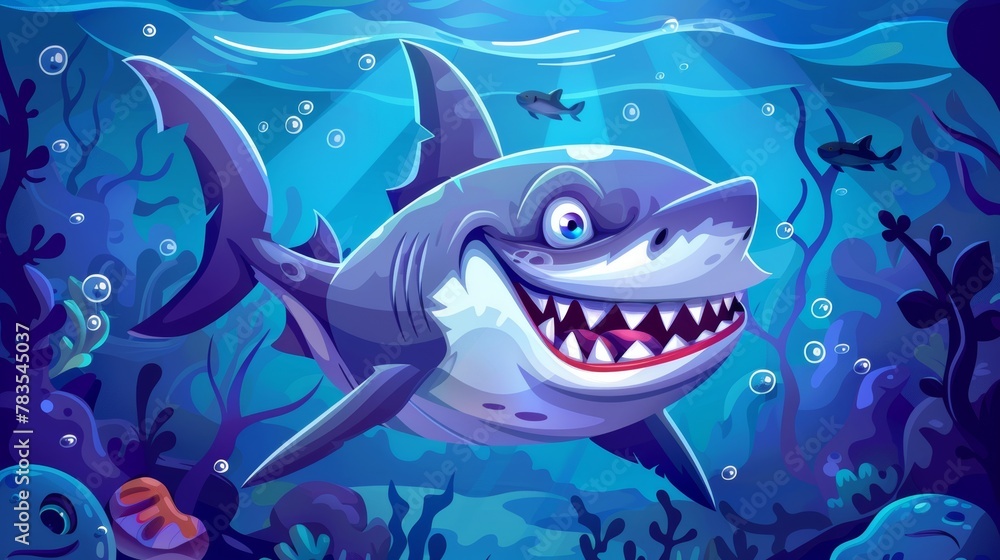 Modern of angry shark under water in the ocean. Illustration of cartoon fish with scary teeth, smiling and evil underwater sea animals. Modern of angry shark under water in the ocean. Illustration of cartoon fish with scary teeth, smiling and evil underwater sea animals.
