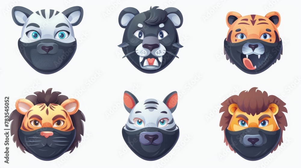 Funny animal masks isolated on white background depicting a tiger, cat, wolf, lion and bulldog with fur, mouth, and nose.