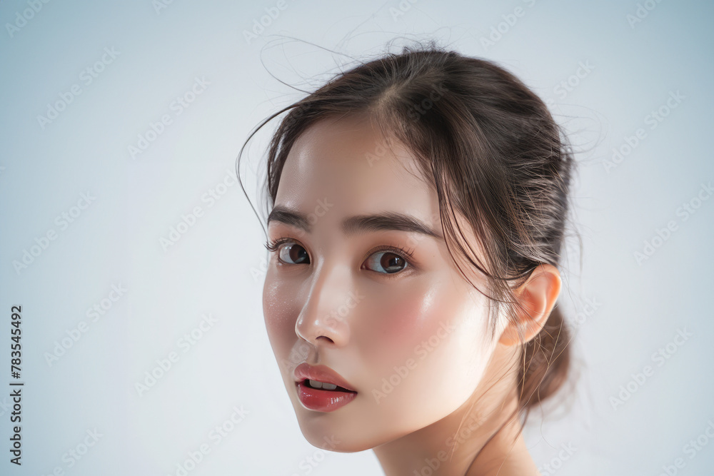 Asian woman with a beautiful face gathered in a brown ponytail and clean fresh smooth skin. Cute female model with natural makeup and sparkling eyes on white isolated background.