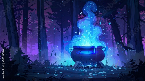 This Halloween background appears to be a dark forest with a witch cauldron and ghosts at night. The background appears to be an old cooking boiler with a boiling blue magic potion and a hand in the photo