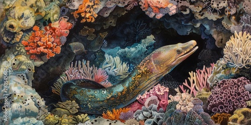 Watercolor painting of an underwater eel in the ocean, beautiful underwater scenery. Use for wallpaper, posters, postcards, brochures. © ongart