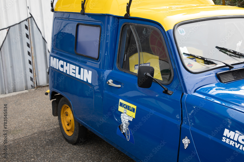 Michelin text brand and logo sign on assistance vehicle race rally side ...