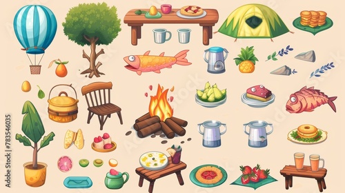 An isolated montage of camping elements featuring a hot air balloon, a tent, a camping chair, cups, fish, food on plates, a bench, a bonfire, fruit, fried eggs, and rocks.