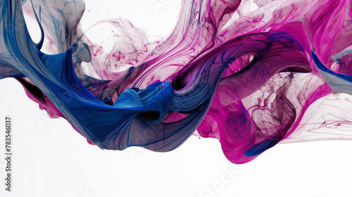 Swirling patterns of electric blue and magenta on a pure white backdrop, intertwining to form a visually dynamic composition. photo