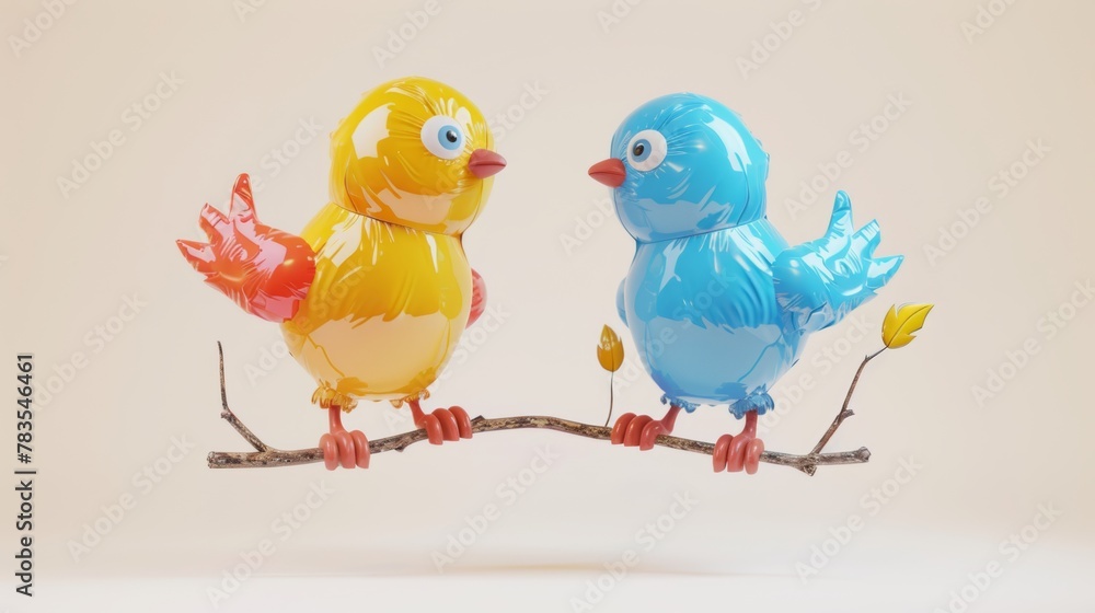 One bird stands on a twig and one doesn't. It's a 3D twisted balloon bird.