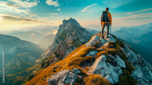 Hiker on peak overlooking a breathtaking mountain range at sunset, symbolizing achievement and adventure. photo