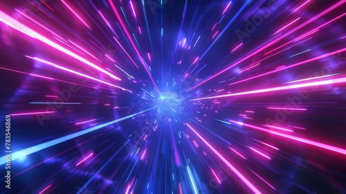 Neon light background with purple and blue beam forming tunnels. Concept of speed.