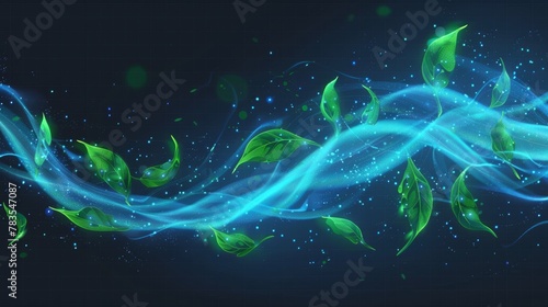 A realistic 3d modern illustration of fresh menthol breath or detergent isolated on transparent background. Blue air or wind with green leaves. Glow waves and swirls. photo