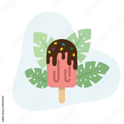 Strawberry popsicle with chocolate topping flat vector Illustration icon decorated with leaves for web use for dessert, frozen, ice cream, chocolate, sweet
