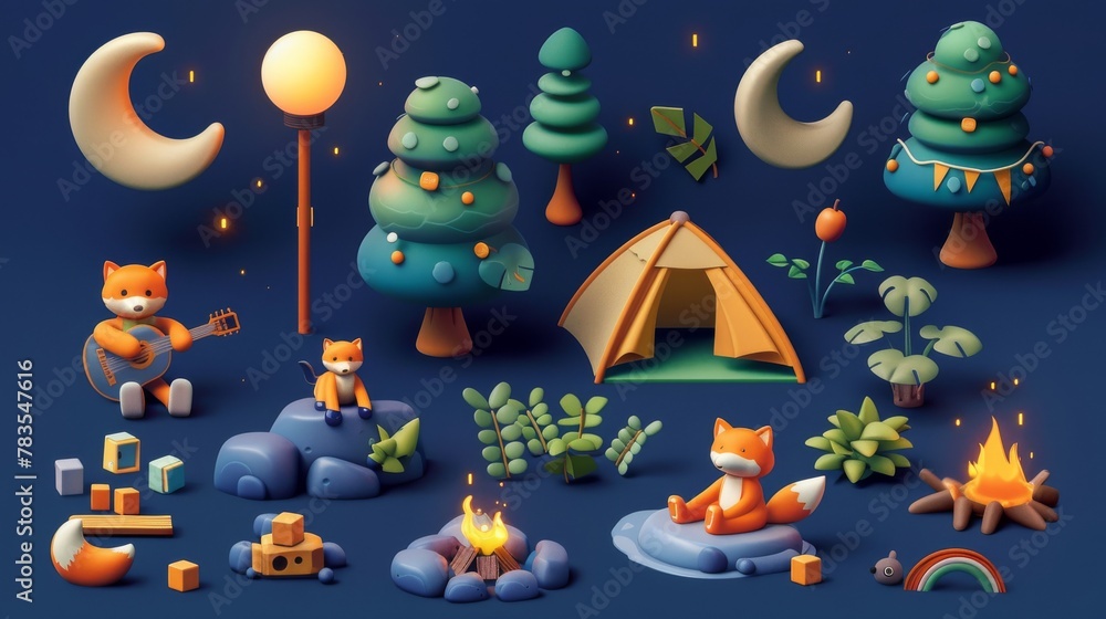 The camping element set includes a full moon, lamp light, a character playing guitar, characters sitting, plants, fox, tent, campfire, and marshmallows on navy blue background. The camping element set includes a full moon, lamp light, a character playing guitar, characters sitting, plants, fox, tent, campfire, and marshmallows on navy blue background.