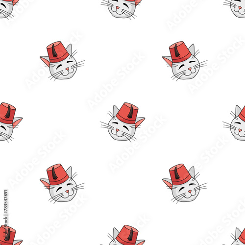 Turkish angora cat character wearing Turkish fez Vector illustration. Cat in a fez. Head of cat. Vector illustration isolated on white background.