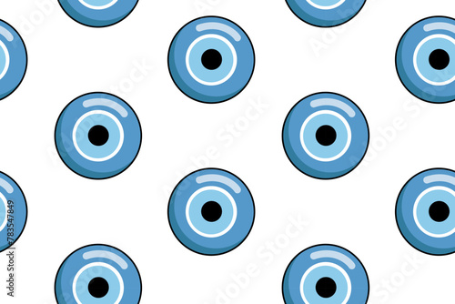 Seamless pattern with Turkish traditional evil eye amulet in the form of a blue eye made of glass. Eye of Fatima illustration. Vector illustration, cartoon style.
