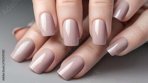Woman hand with nude shades nail polish on her fingernails Nude colour nail manicure with gel polish
 photo