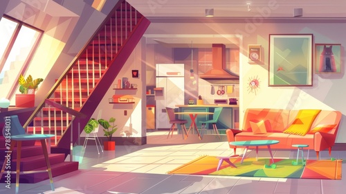 Interior of a modern house or apartment with kitchen furniture, dining table, sofa, chairs, carpet, and carpeting in Scandinavian style with modern cartoon illustrations.