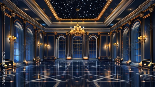 Interior design of a night ballroom. Modern illustration of a dark royal palace with numerous stars on the night sky  sophisticated flooring  marble pillars  and golden chandeliers. Vintage museum.