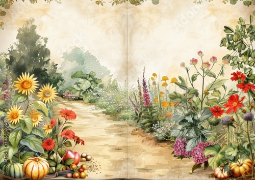 Double page for junk journal, Vintage plants and seeds, vegetables, flowers and fruits, lined sheet, Ai generated