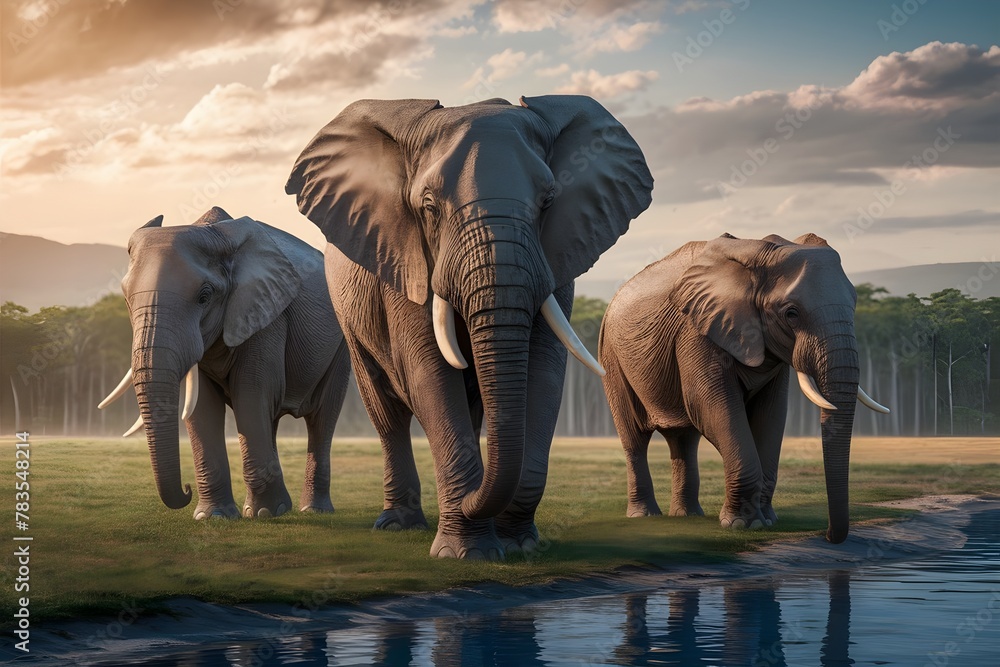 elephants in the river - obrazy, fototapety, plakaty 