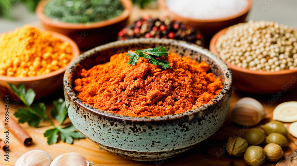 A bowl of ground paprika surrounded by assorted spices, herbs, and ingredients on a wooden surface, depicting cooking preparation. A bowl of ground paprika surrounded by assorted spices, herbs, and ingredients on a wooden surface, depicting cooking preparation.